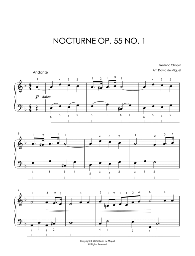 Fragmento de la partitura del Nocturno Op. 55 No. 1 de Chopin en versión fácil para piano.