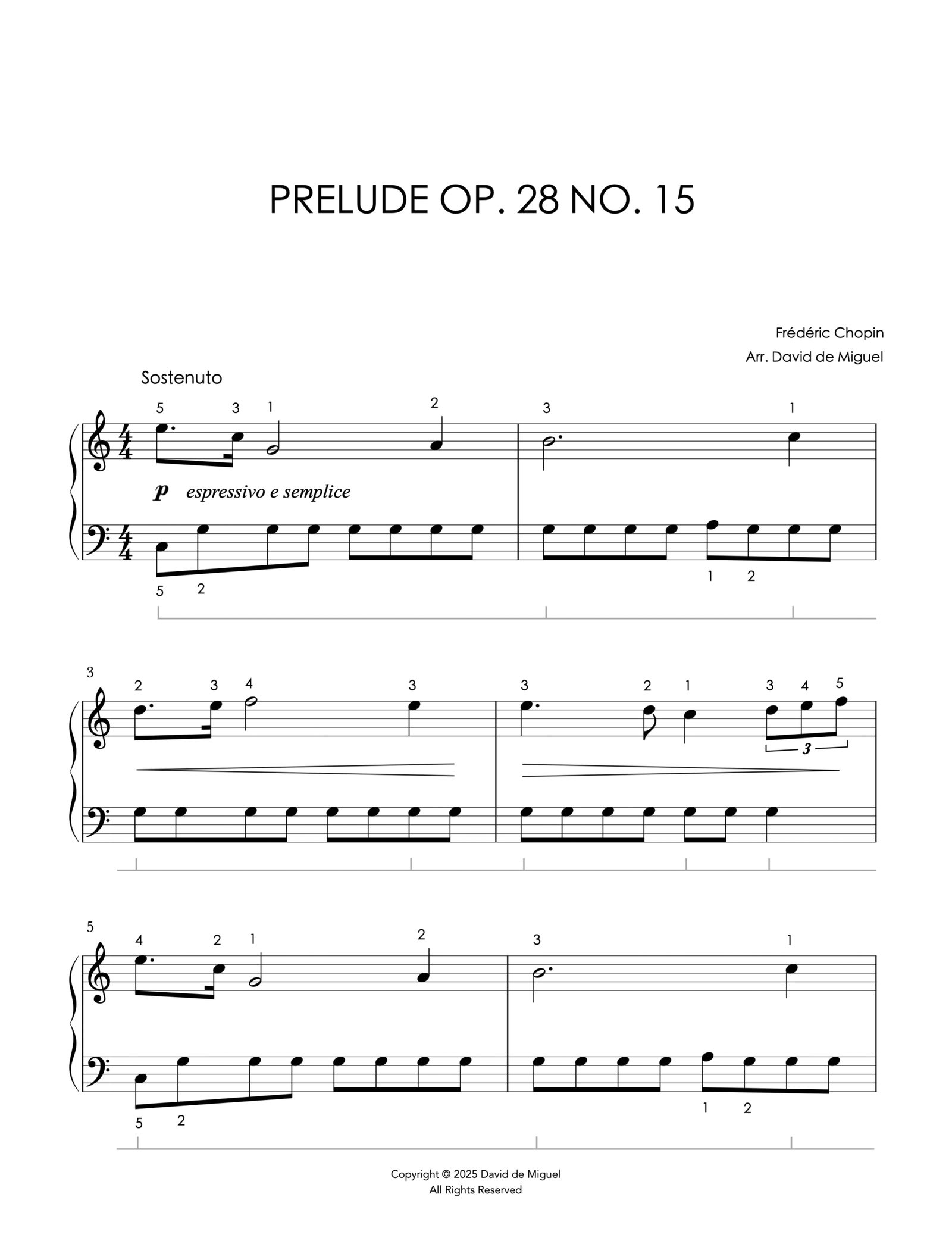 Fragmento de la partitura del Preludio Op. 28 No. 15 de Chopin en versión fácil para piano.
