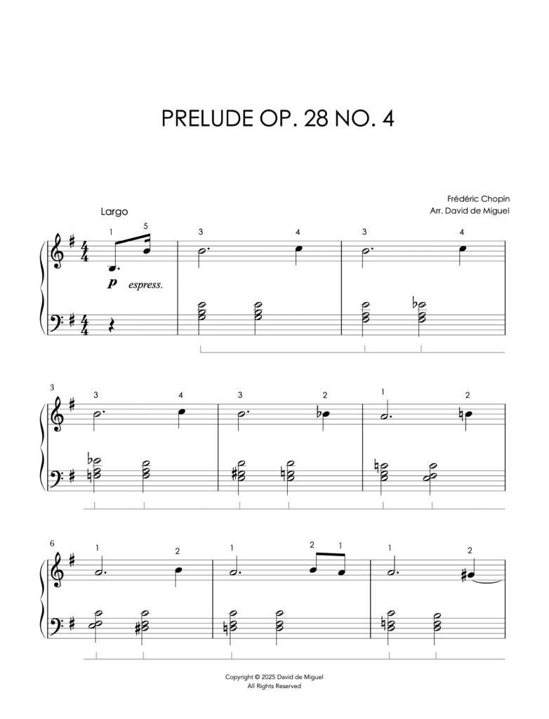 Fragmento de la partitura del Preludio Op. 28 No. 4 de Chopin en versión fácil para piano.