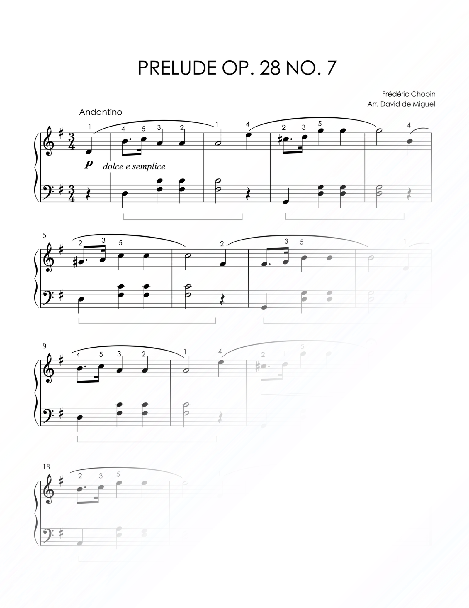 Fragmento de la partitura del Preludio Op. 28 No. 7 de Chopin en versión fácil para piano.