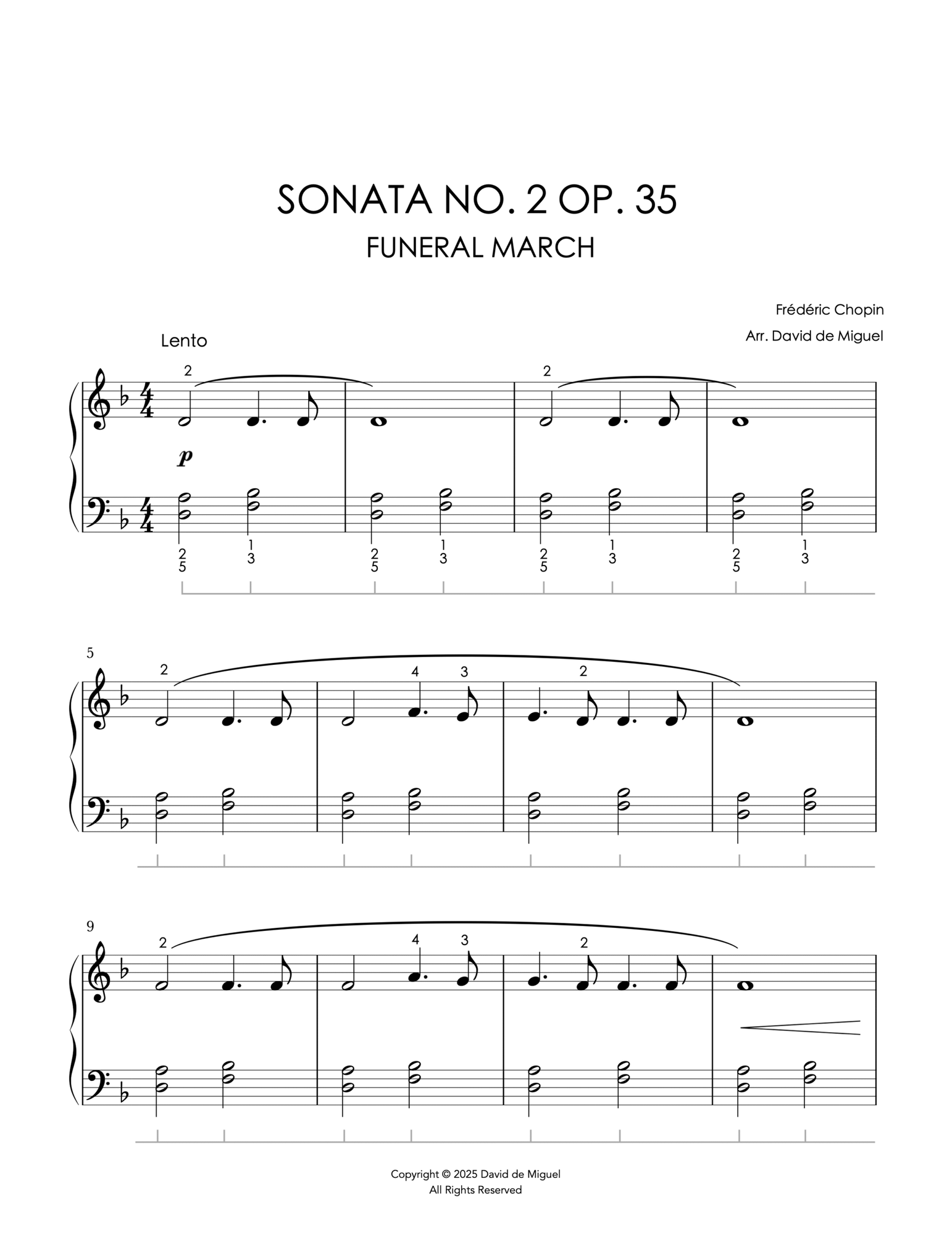 Fragmento de la partitura de la Marcha Fúnebre de Chopin en versión fácil para piano.