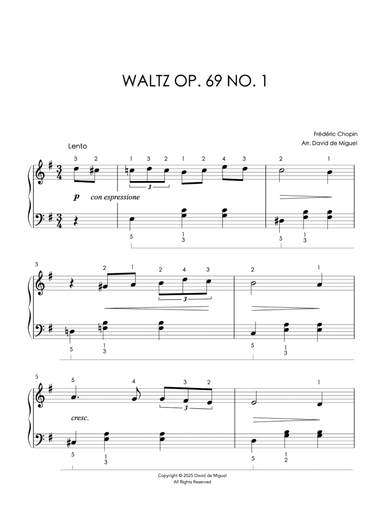 Fragmento de la partitura del Vals Op. 69 No. 1 de Chopin en versión fácil para piano.