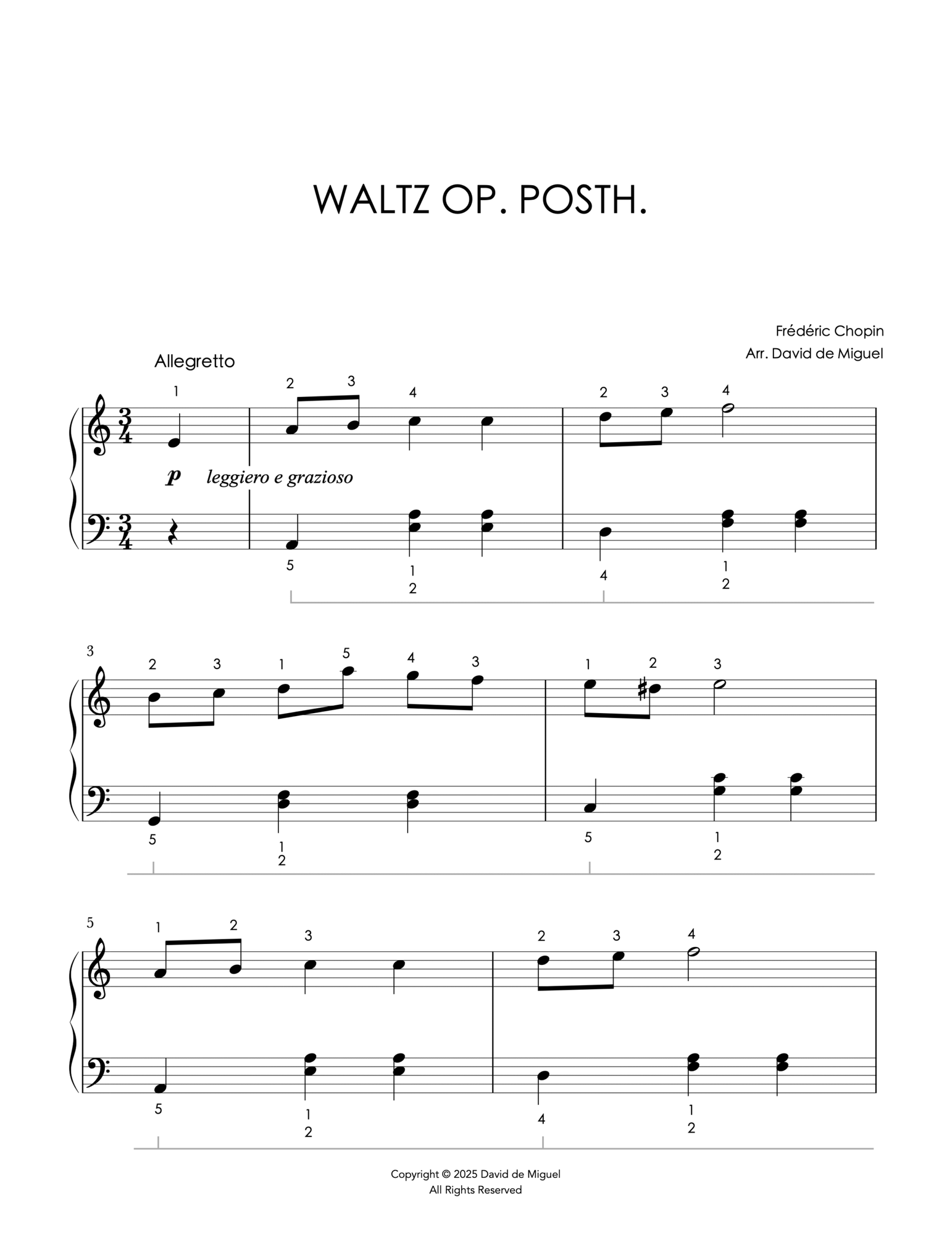 Fragmento de la partitura del Vals Op. Posth. de Chopin en versión fácil para piano.
