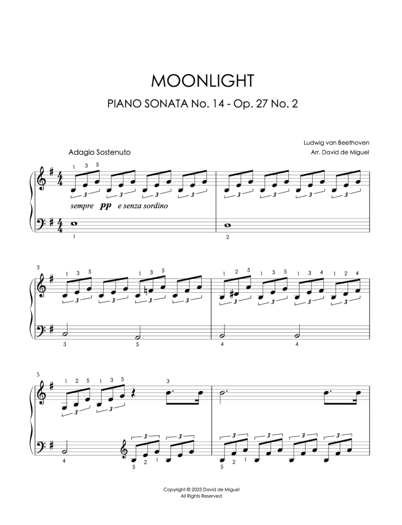 Fragmento de la partitura adaptada de la Moonlight Sonata de Beethoven para piano fácil