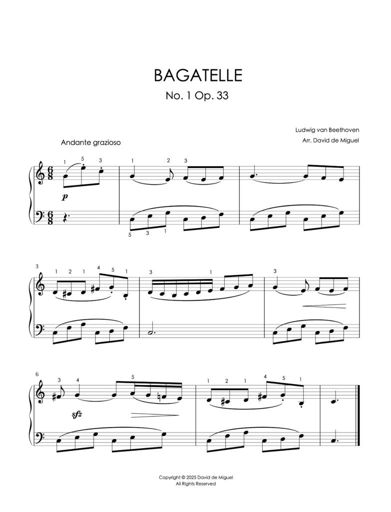 Fragmento de la partitura adaptada de la Bagatelle Op. 33 No. 1 de Beethoven para piano fácil