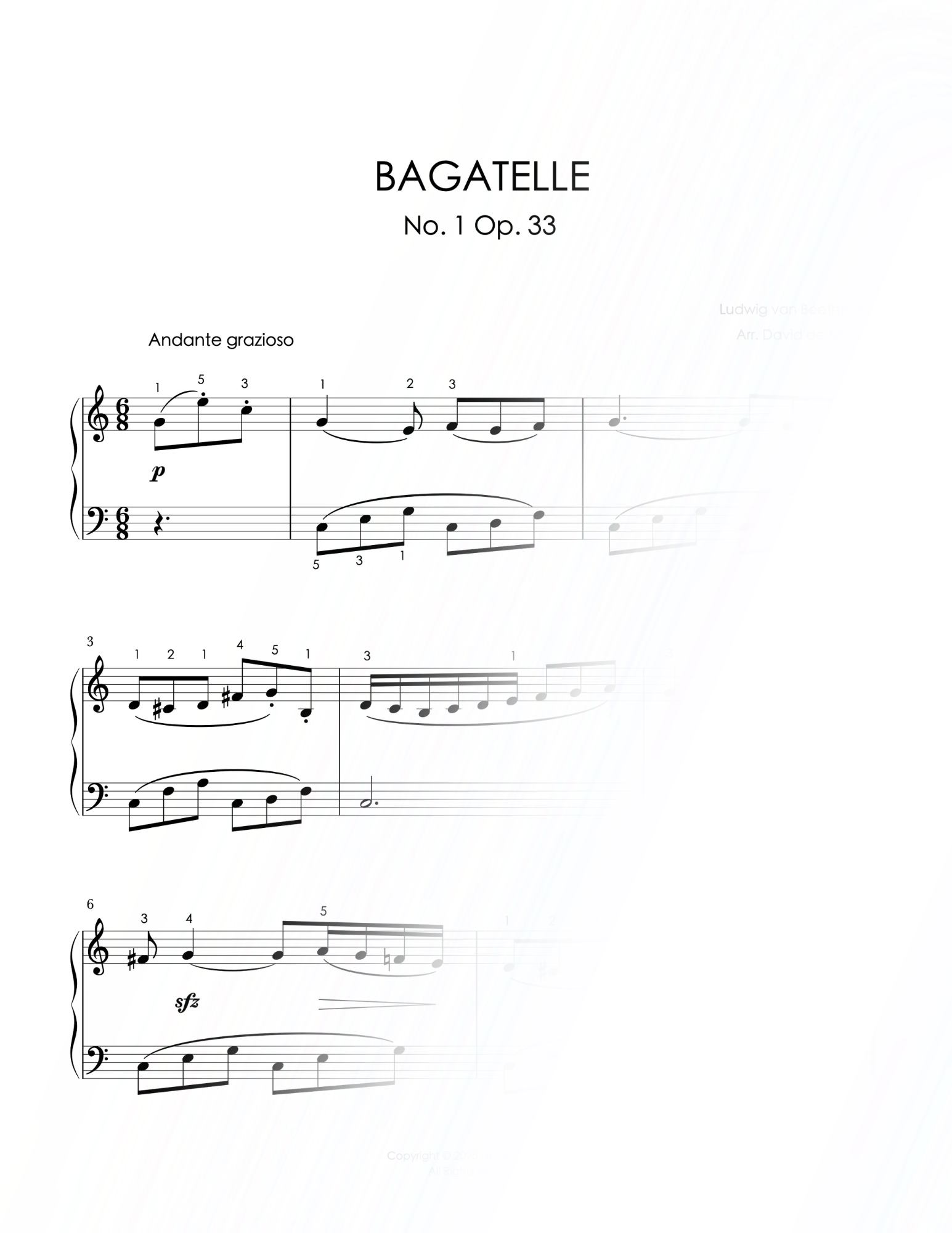 Fragmento de la partitura adaptada de la Bagatelle Op. 33 No. 1 de Beethoven para piano fácil