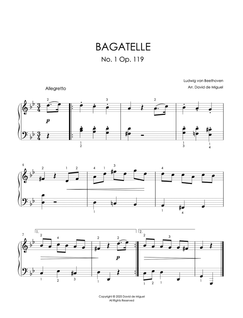 Fragmento de la partitura adaptada de la Bagatelle No. 1 Op. 119 de Beethoven para piano fácil