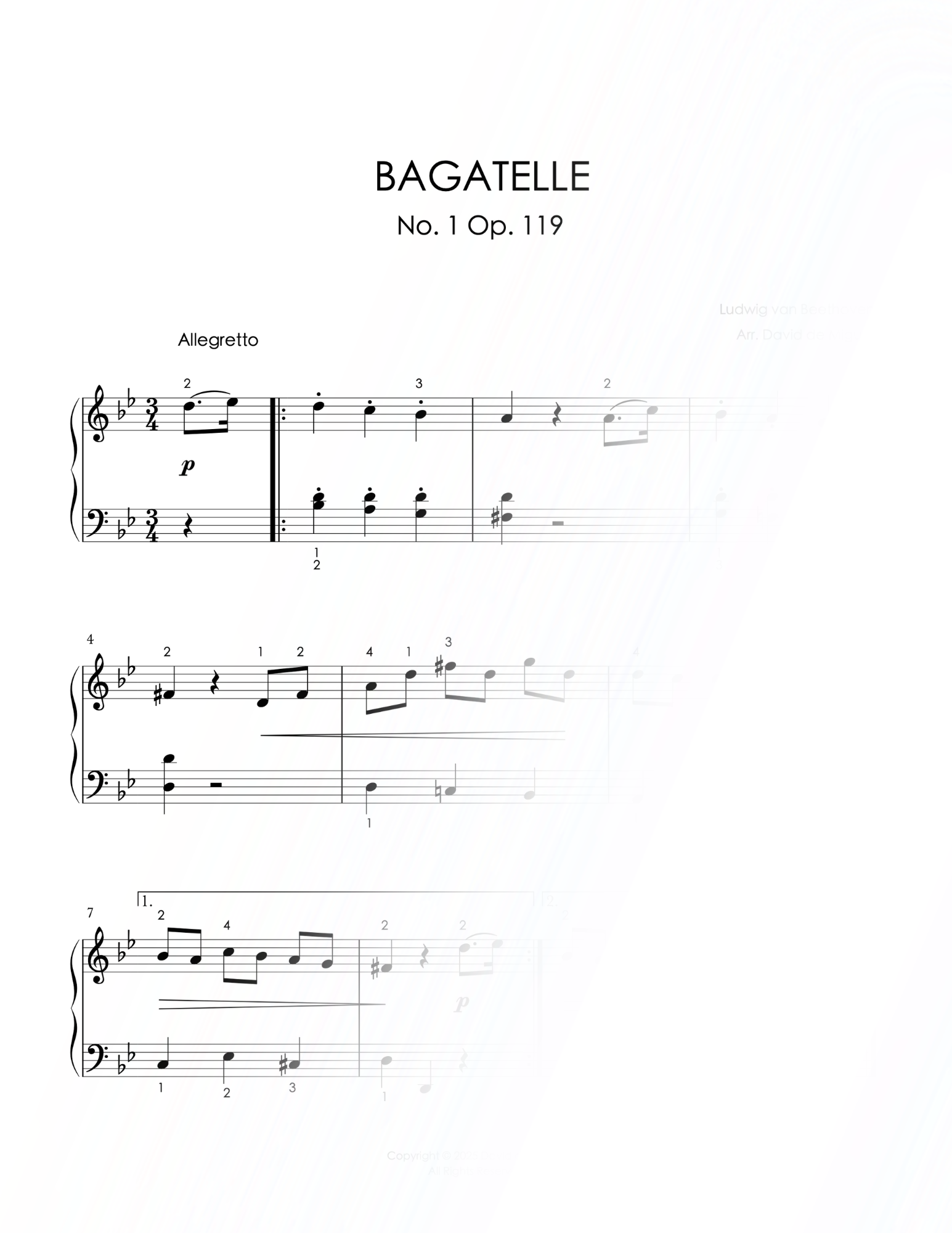 Fragmento de la partitura adaptada de la Bagatelle No. 1 Op. 119 de Beethoven para piano fácil
