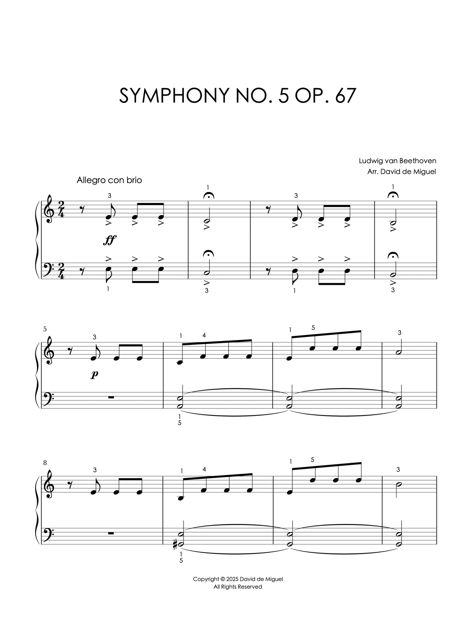 Fragmento de la partitura adaptada de la Symphony No. 5 Op. 67 de Beethoven para piano fácil