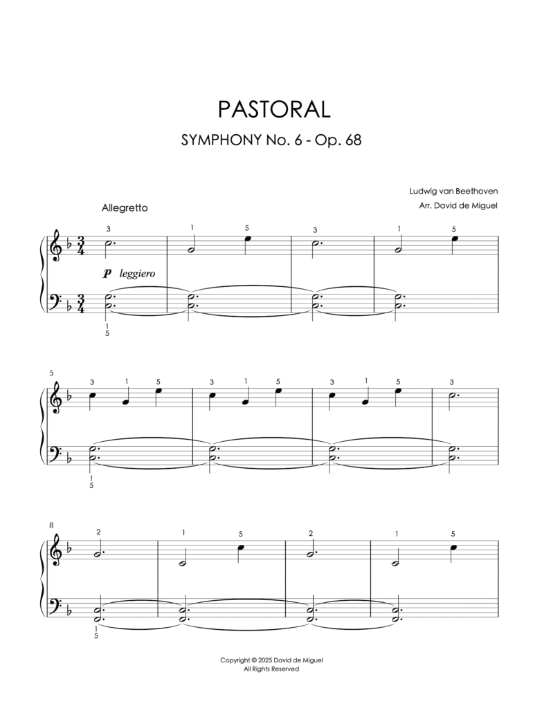 Fragmento de la partitura adaptada de la Sinfonía No. 6 “Pastoral” Op. 68 de Beethoven para piano