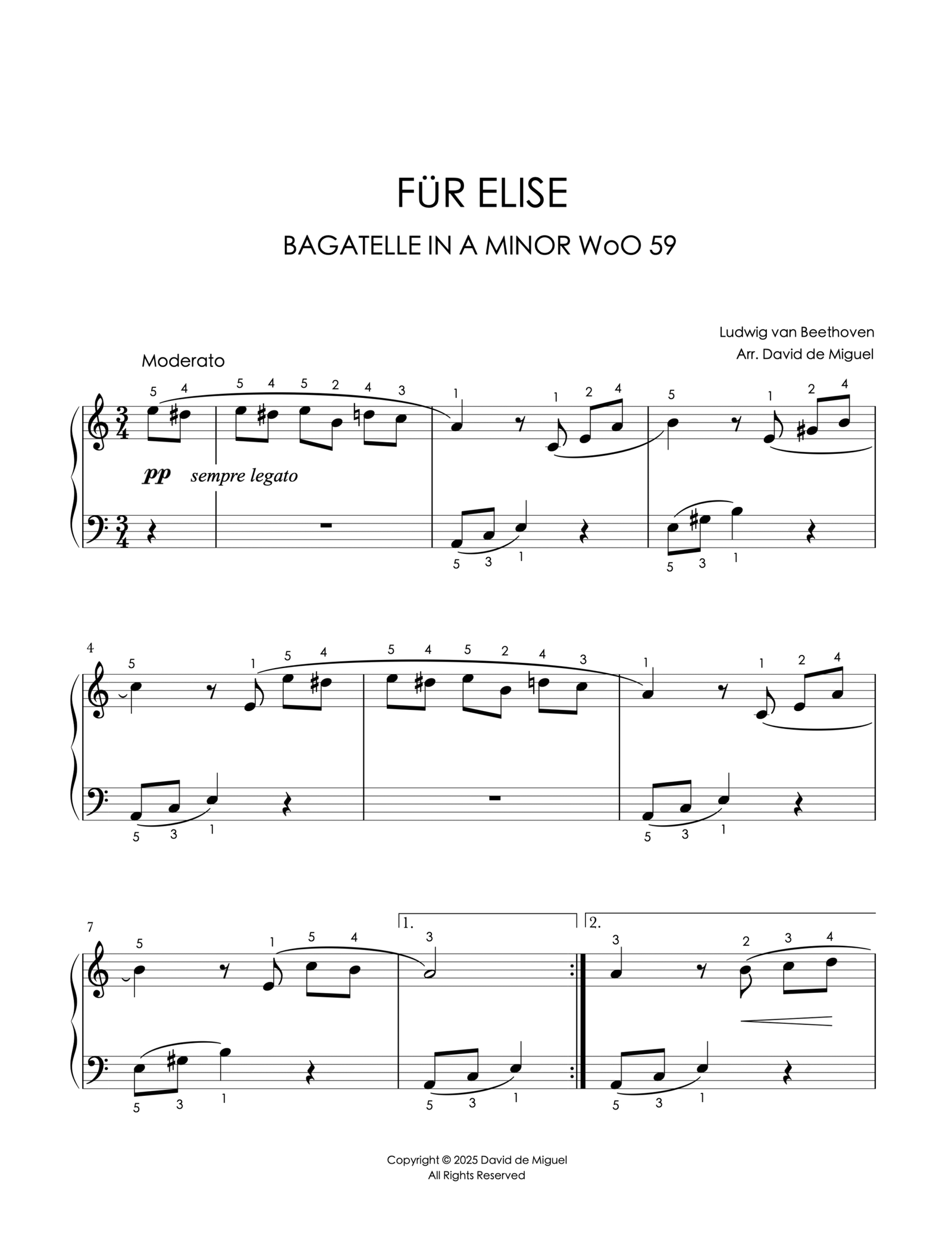 Fragmento de la partitura adaptada de Für Elise de Beethoven para piano fácil