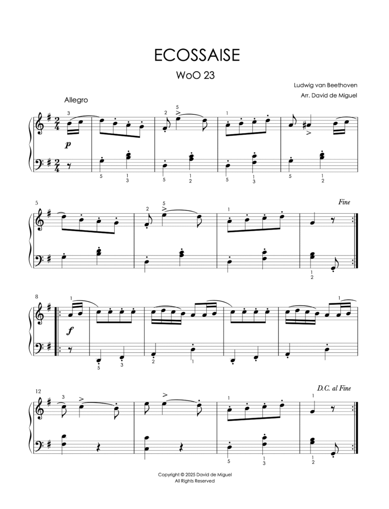 Fragmento de la partitura adaptada de Ecossaise WoO 23 de Beethoven para piano