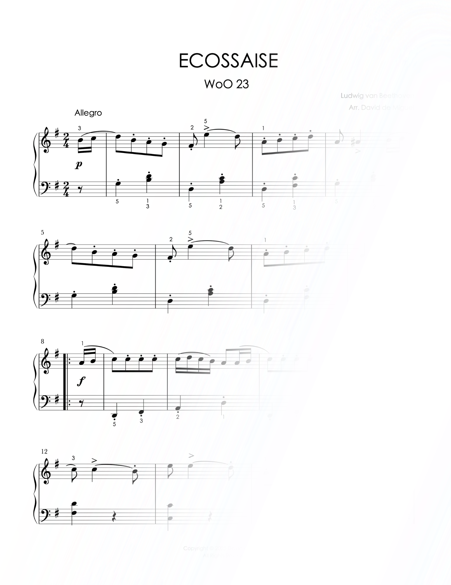 Fragmento de la partitura adaptada de Ecossaise WoO 23 de Beethoven para piano