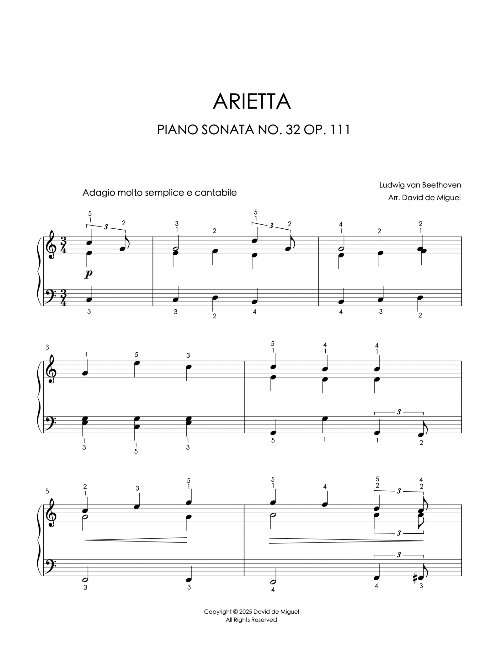 Fragmento de la partitura adaptada de la Arietta de la Sonata Op. 111 de Beethoven para piano