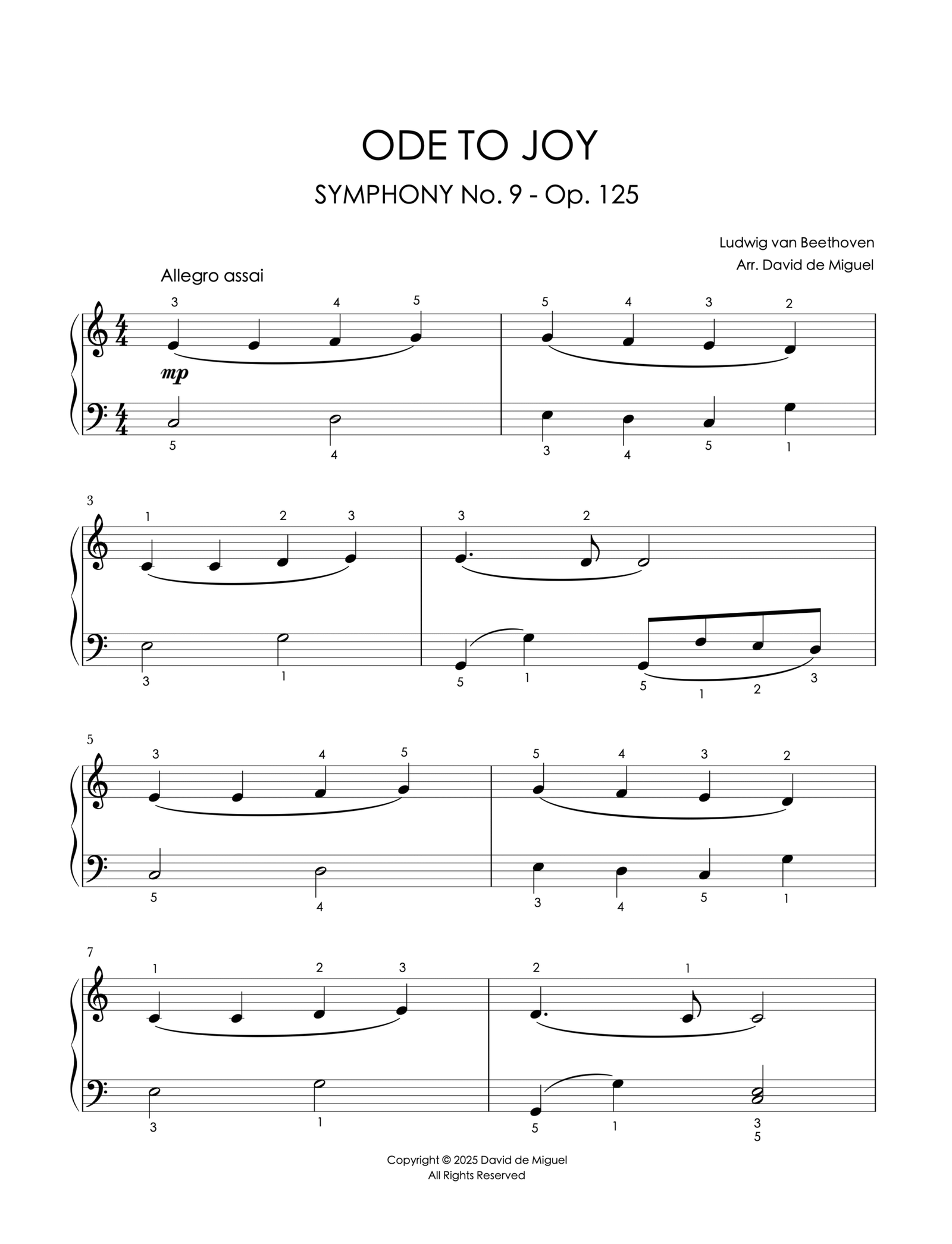Fragmento de la partitura adaptada de la Oda a la Alegría de Beethoven para piano