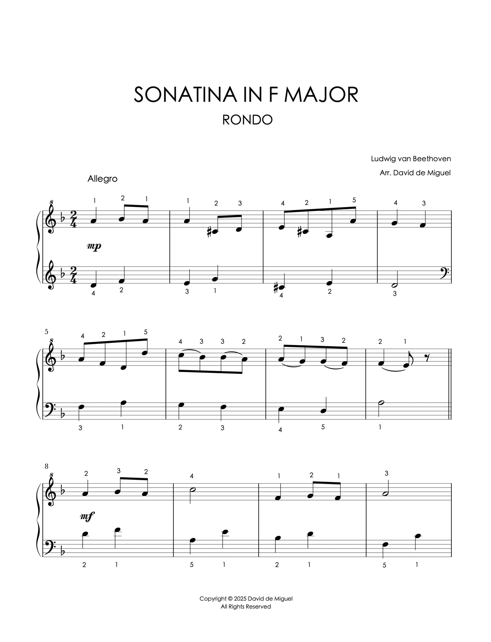 Fragmento de la partitura de la Sonatina en Fa Mayor – Rondo de Beethoven en versión fácil para piano.