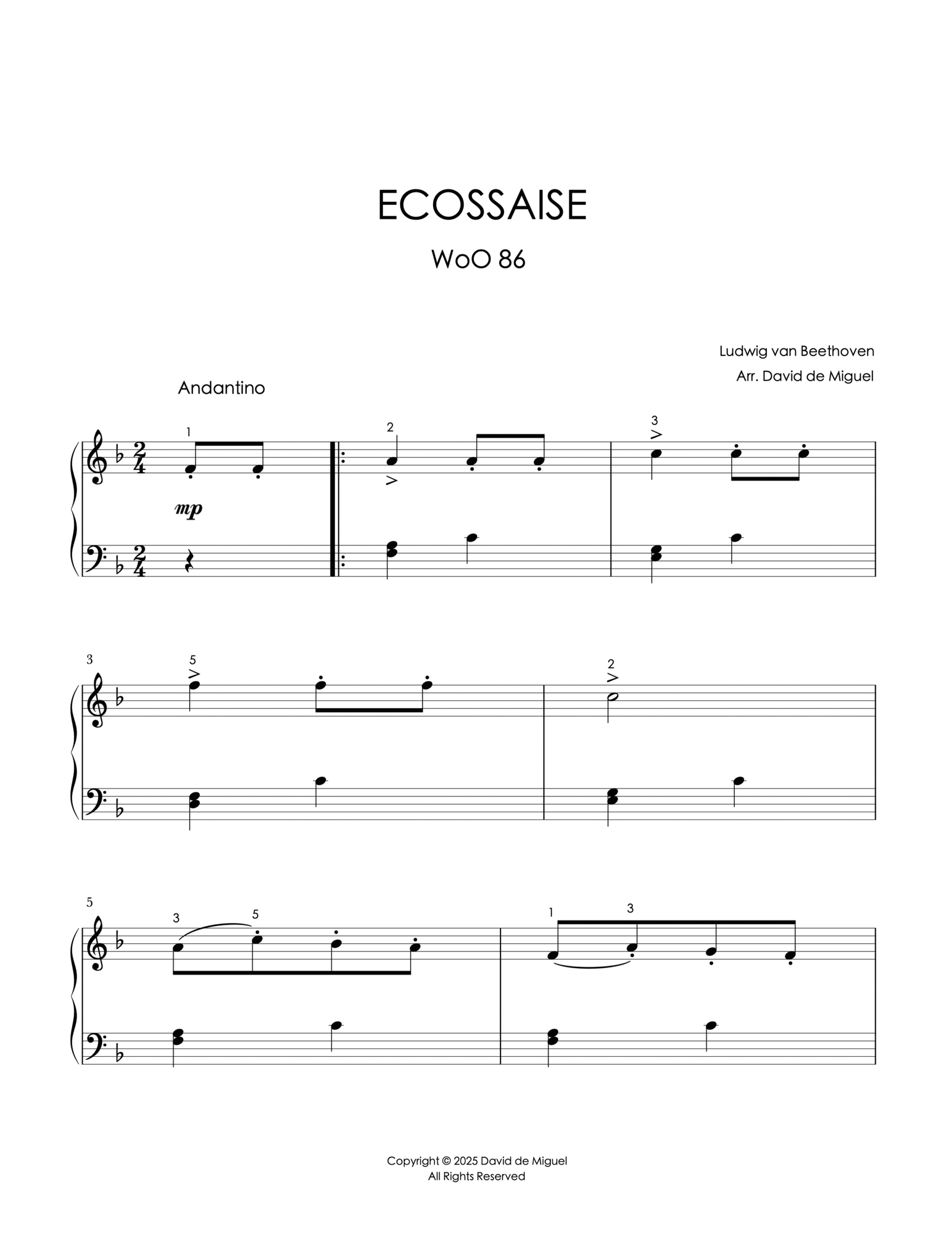 Fragmento de la partitura adaptada de la Ecossaise WoO 86 de Beethoven para piano