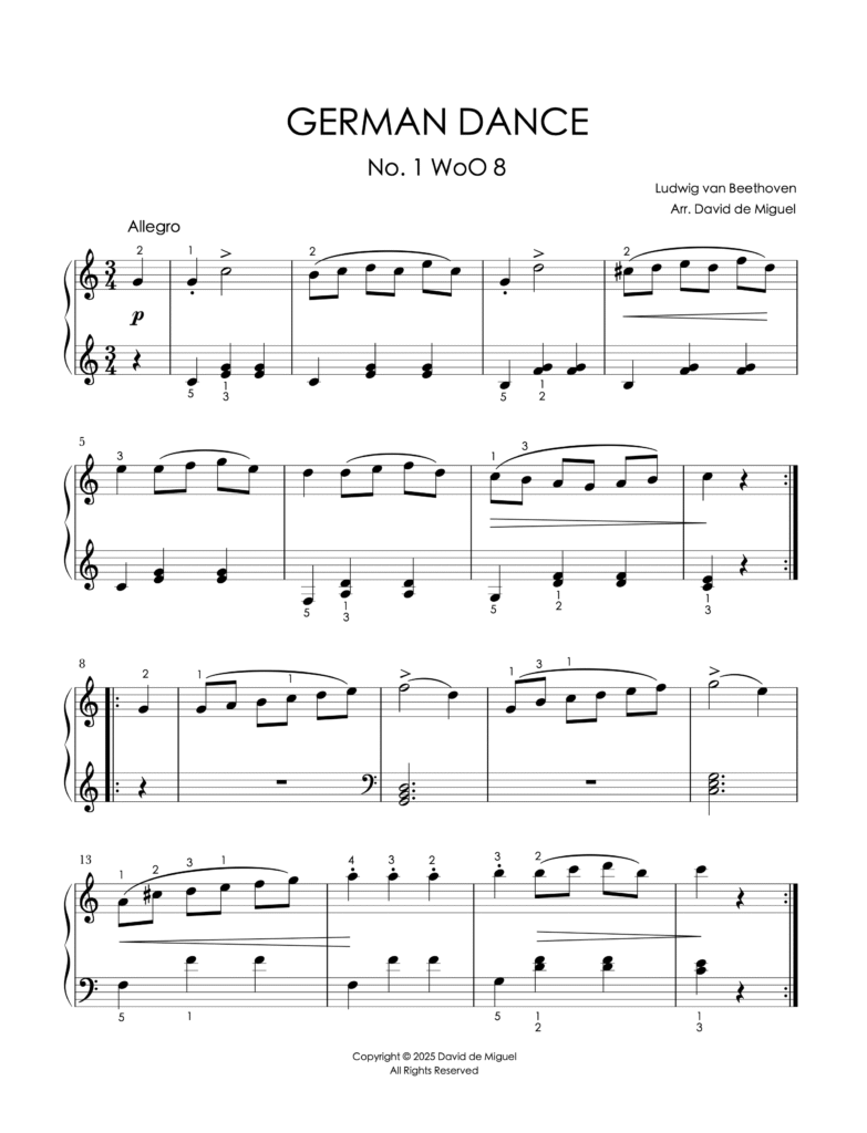 Fragmento de la partitura de German Dance No. 1 WoO 8 de Beethoven, versión fácil para piano.