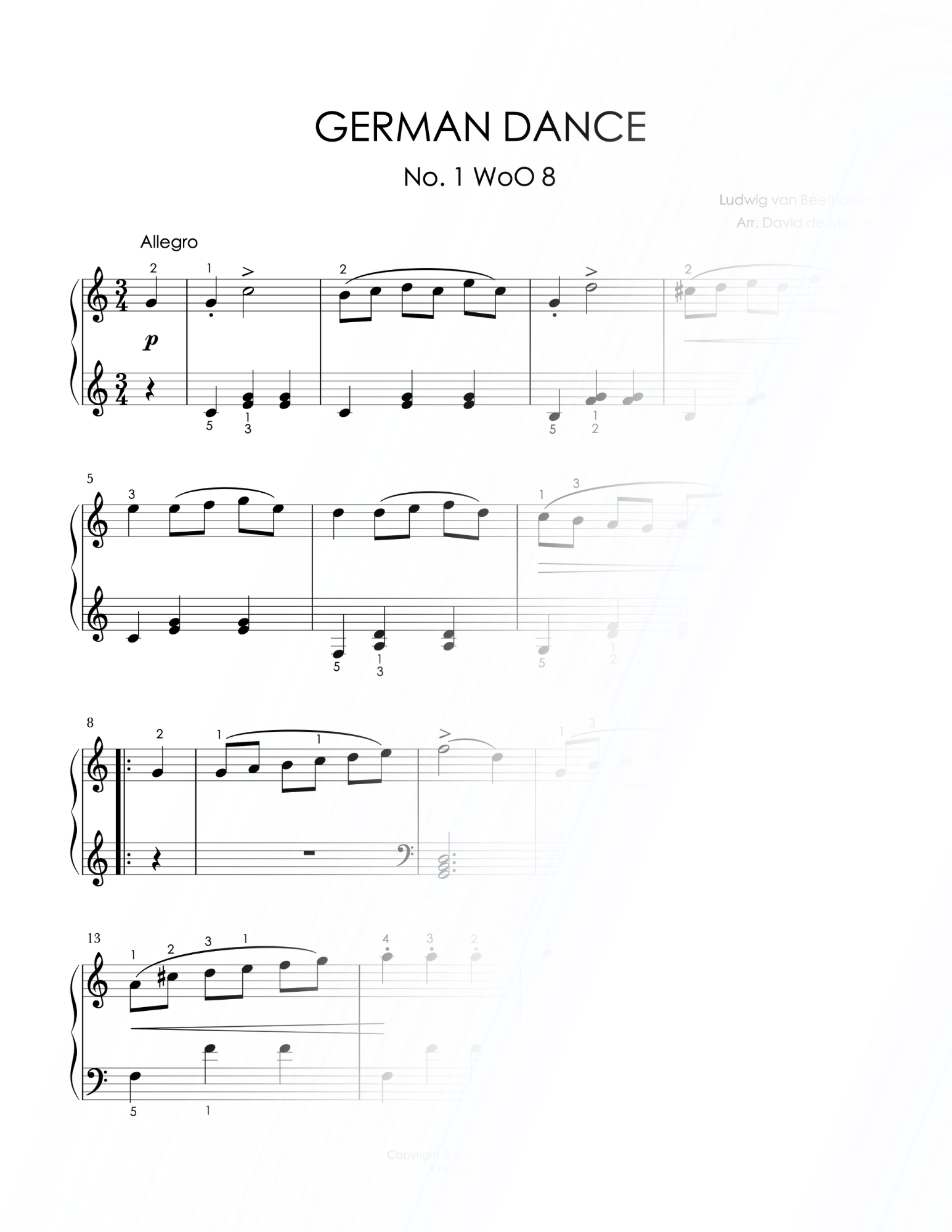 Fragmento de la partitura de German Dance No. 1 WoO 8 de Beethoven, versión fácil para piano.
