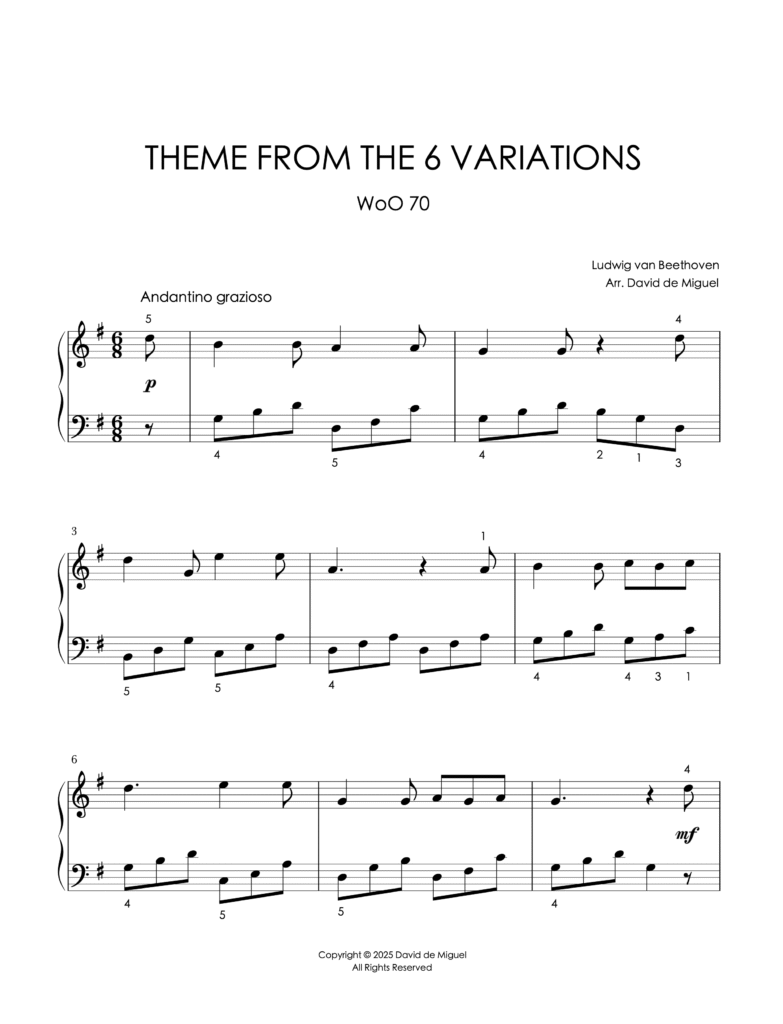 Fragmento de la partitura del tema de las 6 Variaciones – WoO 70 de Beethoven en versión fácil para piano.