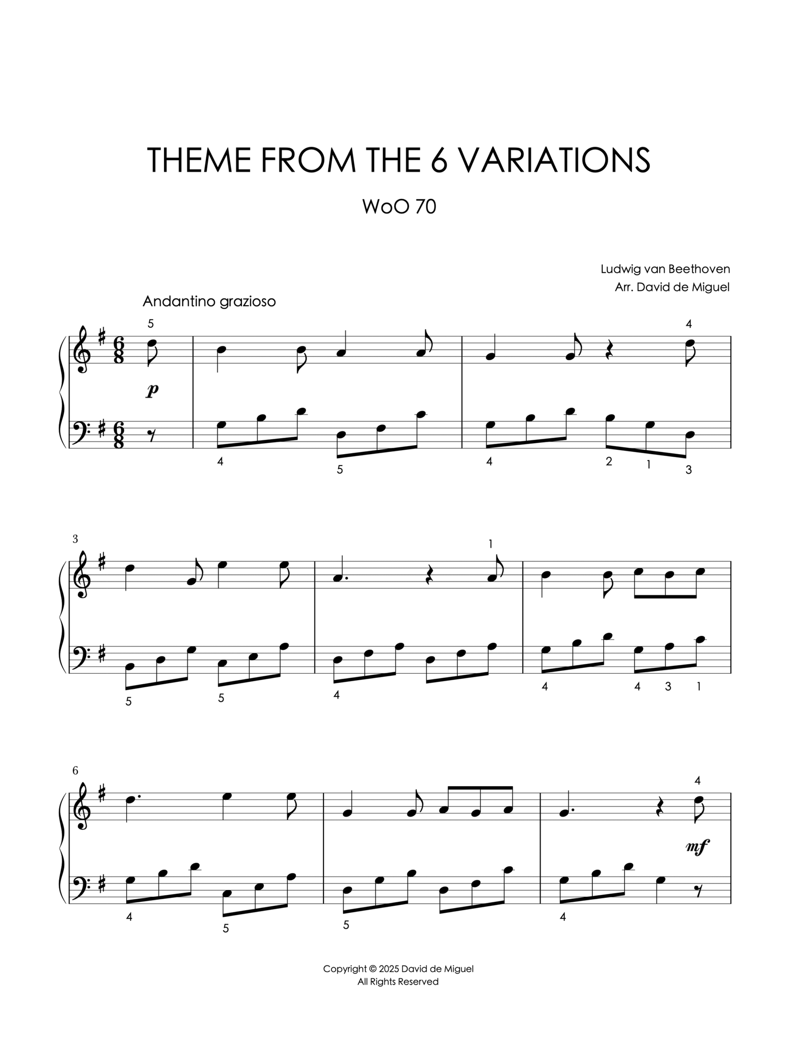 Fragmento de la partitura del tema de las 6 Variaciones – WoO 70 de Beethoven en versión fácil para piano.