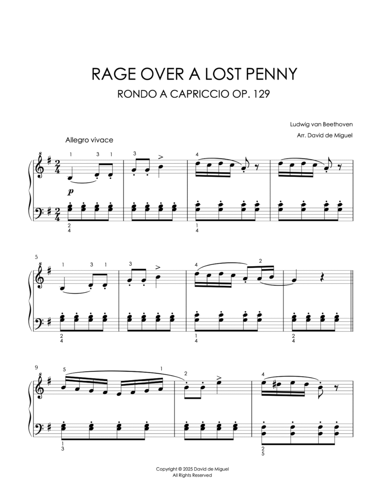 Fragmento de la partitura adaptada de Rage Over a Lost Penny – Op. 129 de Beethoven para piano fácil.