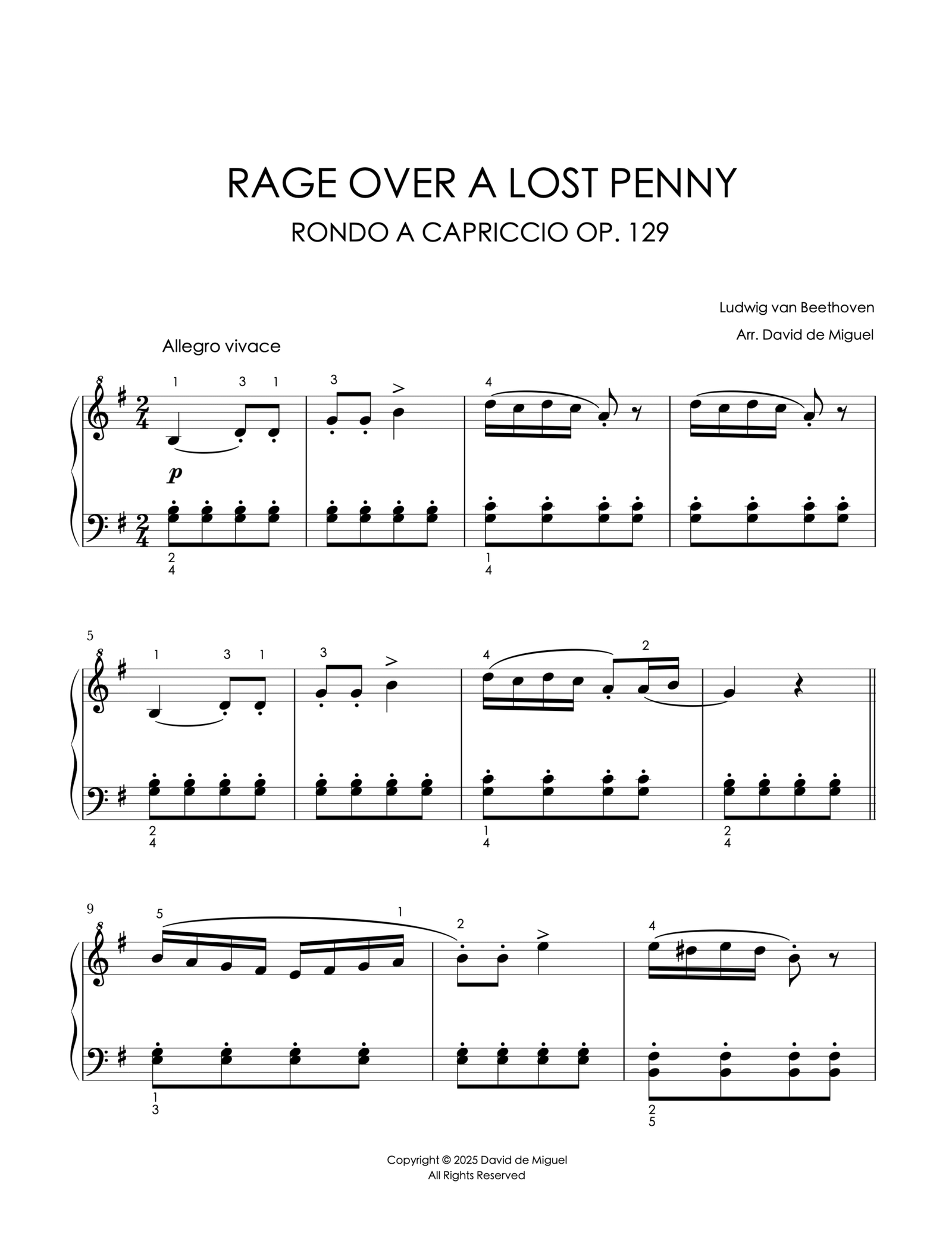 Fragmento de la partitura adaptada de Rage Over a Lost Penny – Op. 129 de Beethoven para piano fácil.