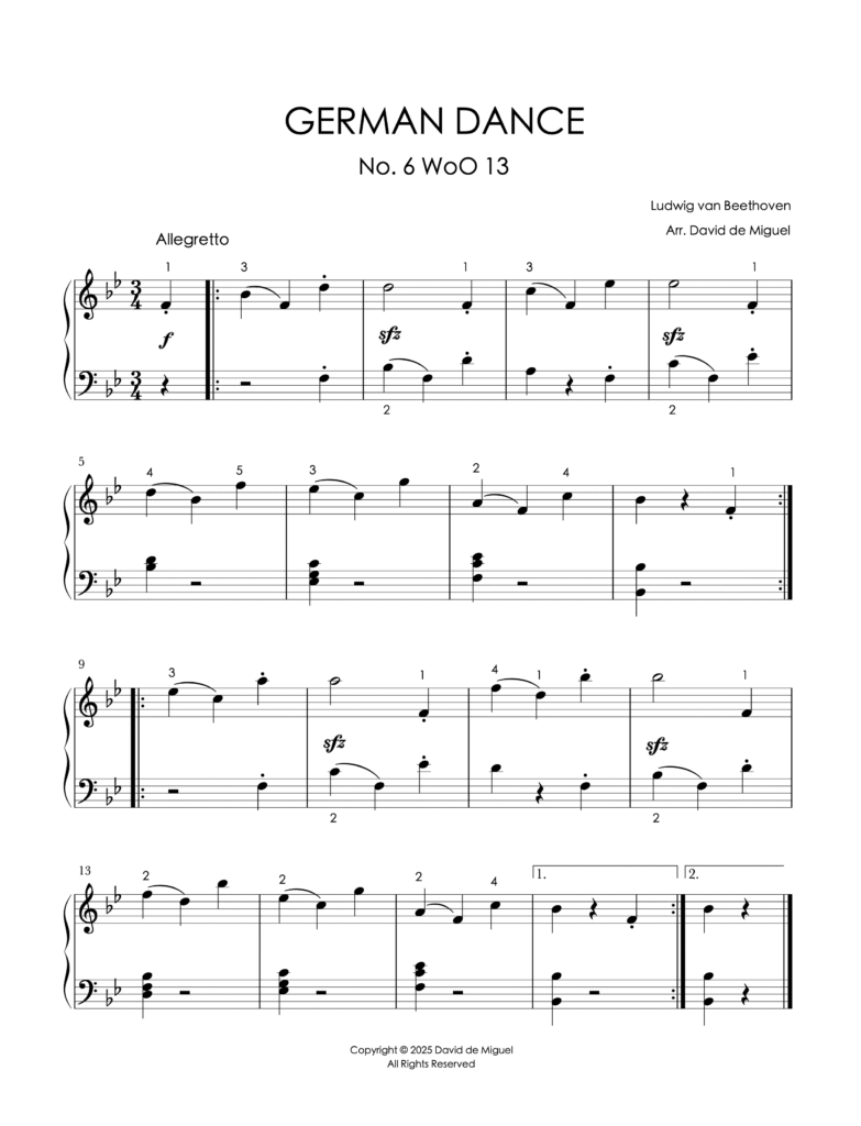 Fragmento de la partitura de German Dance No. 6 – WoO 13 de Beethoven adaptada para piano fácil.