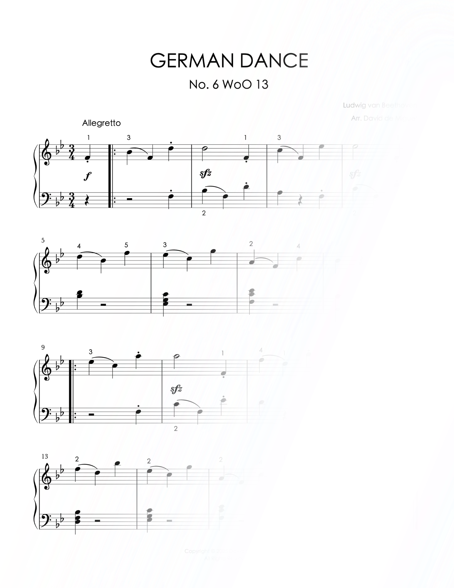 Fragmento de la partitura de German Dance No. 6 – WoO 13 de Beethoven adaptada para piano fácil.