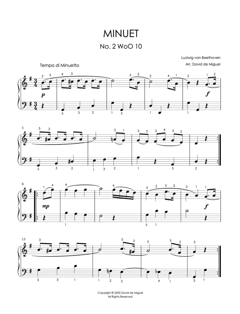 Fragmento de la partitura adaptada de Minuet No. 2 – WoO 10 de Beethoven para piano fácil.