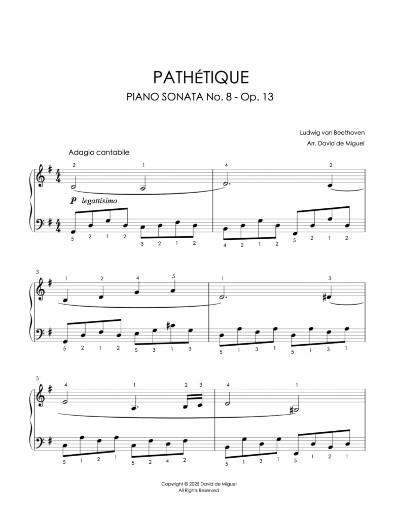 Fragmento de la partitura adaptada de la Sonata Pathétique de Beethoven para piano fácil.