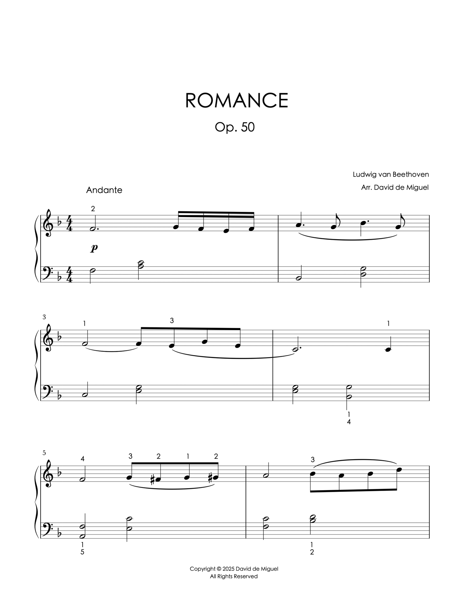 Fragmento de la partitura adaptada del Romance Op. 50 de Beethoven para piano fácil.