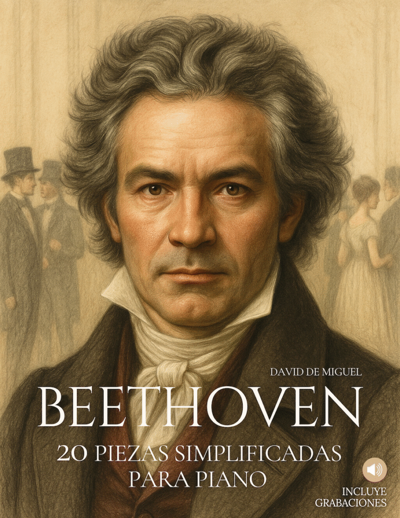 Portada del libro Beethoven: 20 Piezas Simplificadas para Piano, con imagen artística de Beethoven y aviso de audios incluidos