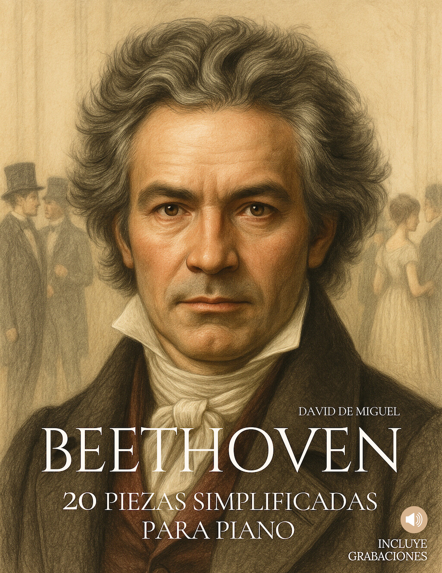 Portada del libro Beethoven: 20 Piezas Simplificadas para Piano, con imagen artística de Beethoven y aviso de audios incluidos