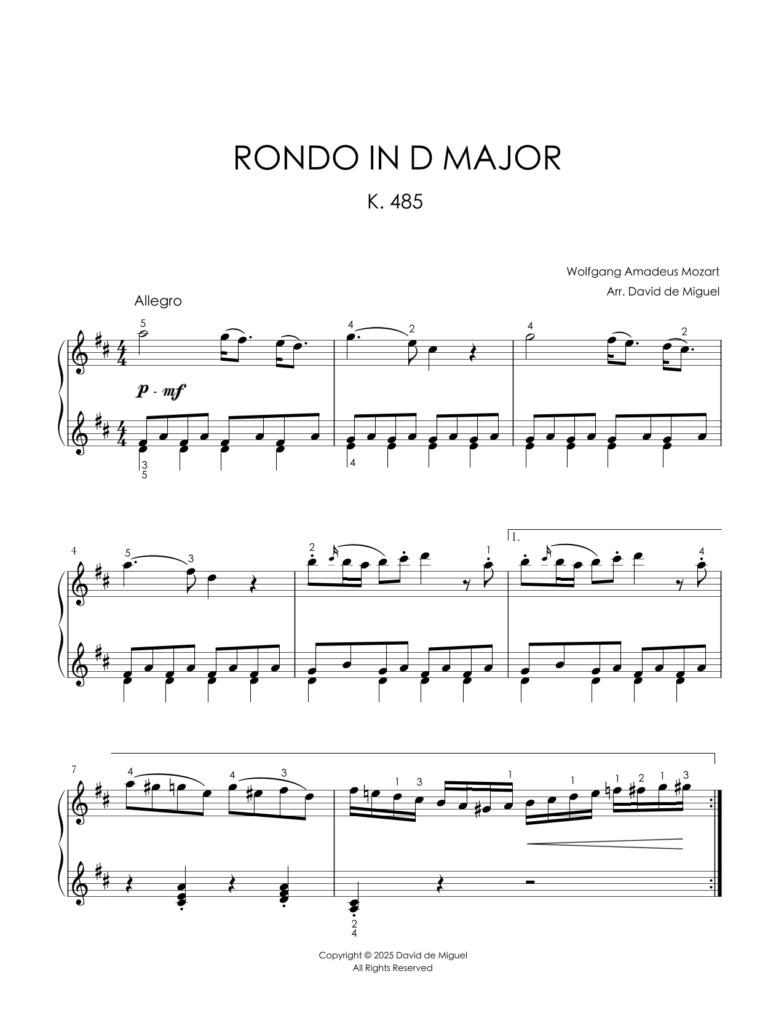 Fragmento de la partitura adaptada del Rondo K. 485 de Mozart