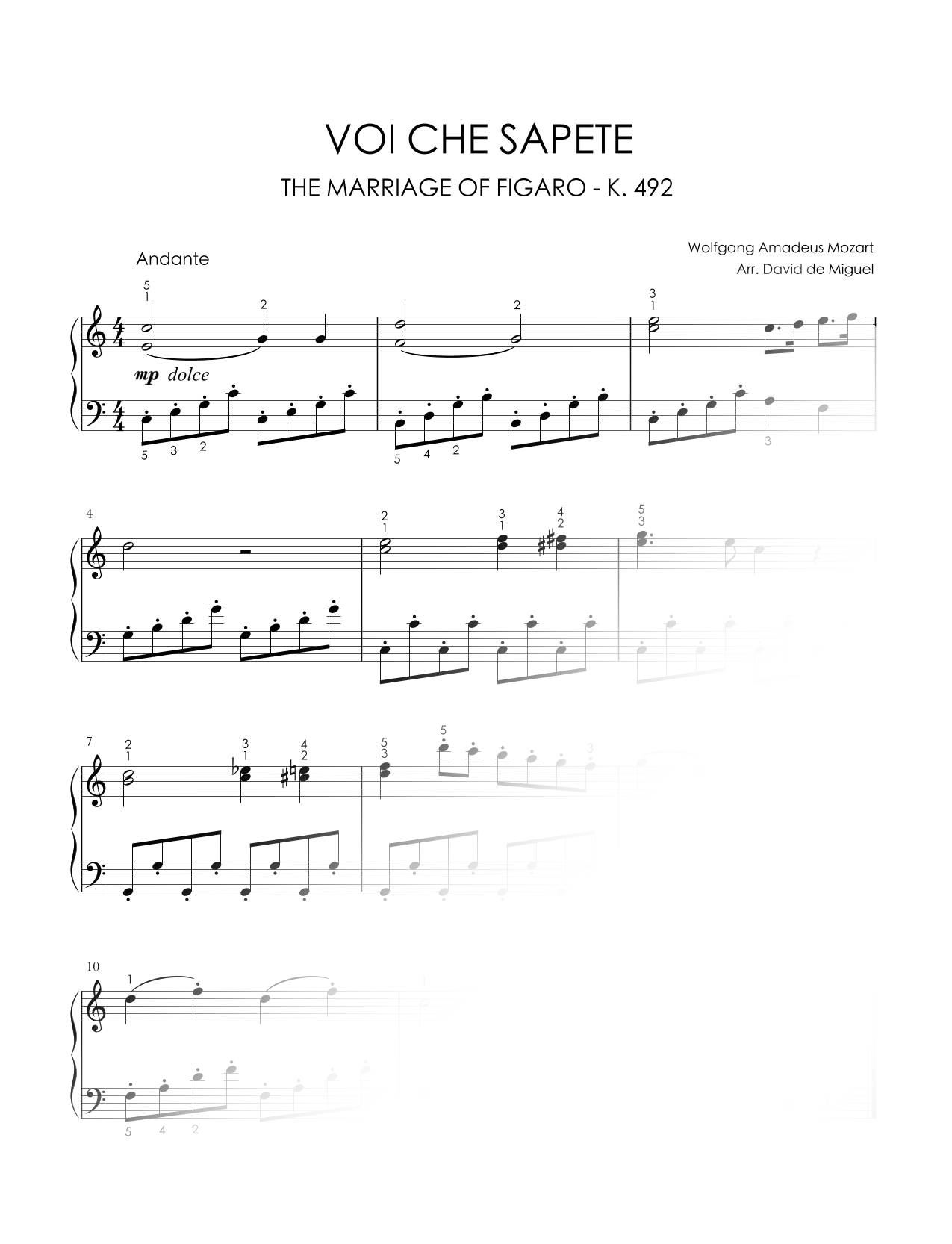 Fragmento de la partitura adaptada de Voi che sapete de Mozart