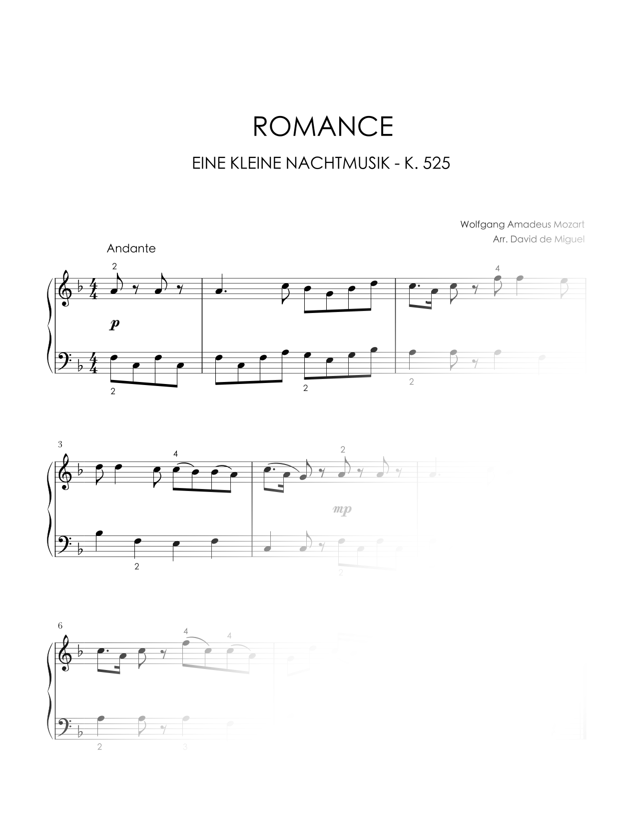 Fragmento de la partitura adaptada del Romance de Eine kleine Nachtmusik de Mozart