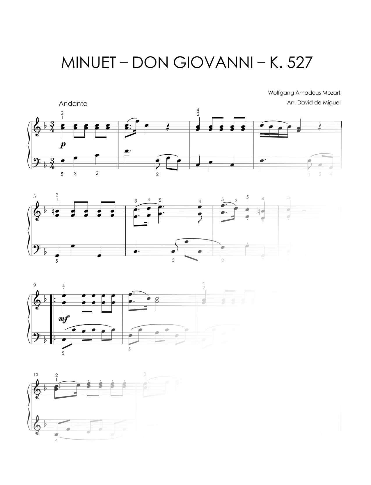 Fragmento del Minuet de Don Giovanni de Mozart, arreglo fácil para piano