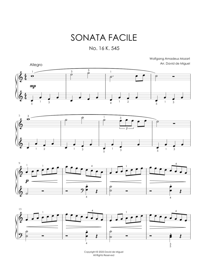 Arreglo fácil para piano de la Sonata Facile K. 545 de Mozart
