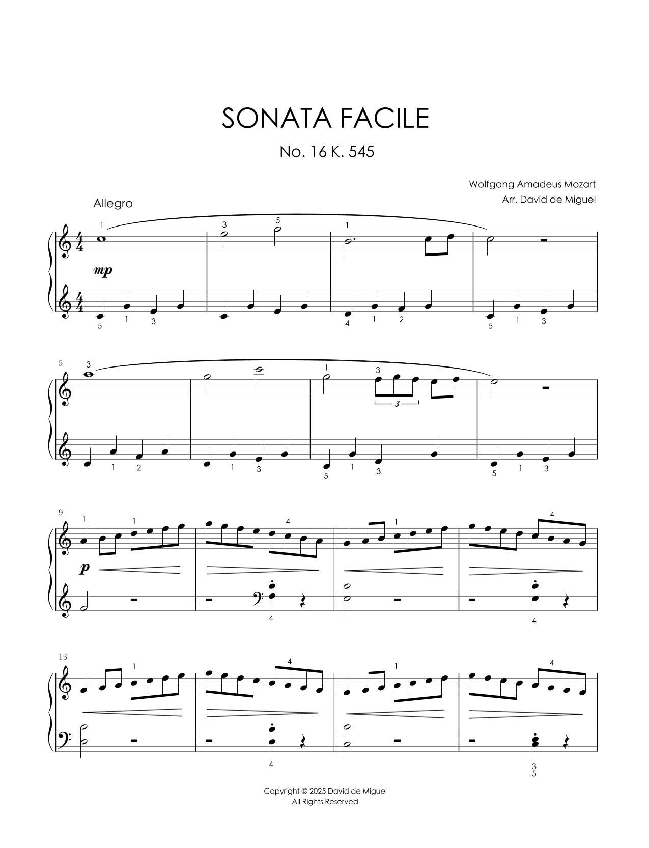 Arreglo fácil para piano de la Sonata Facile K. 545 de Mozart