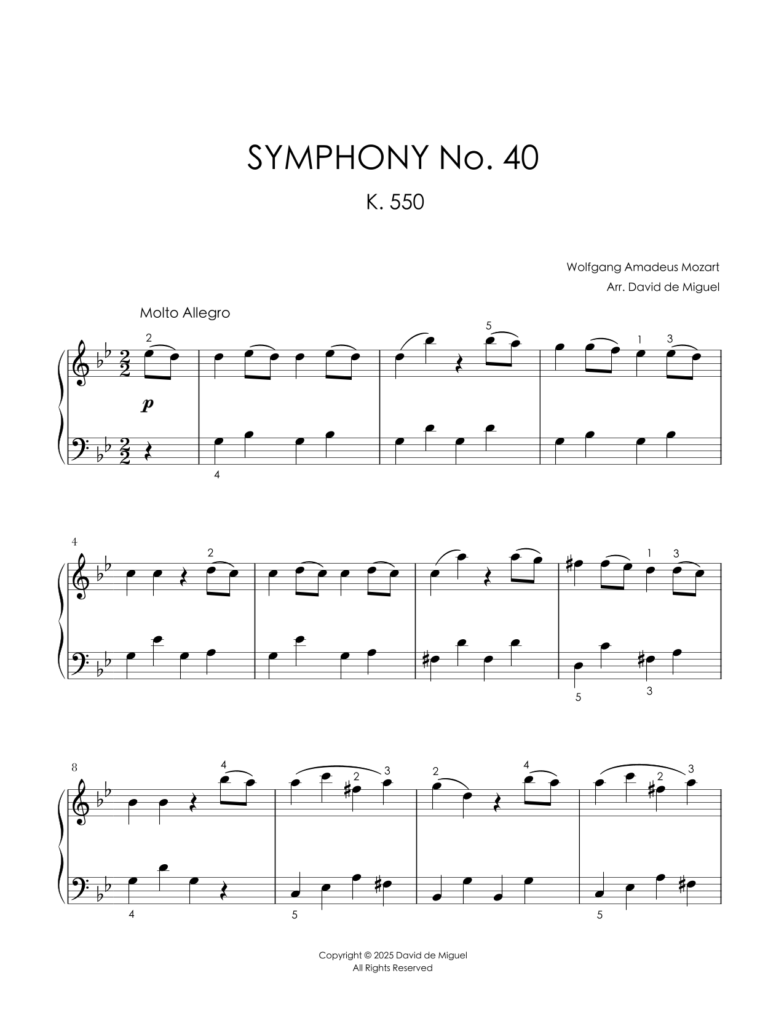 Arreglo fácil para piano de la Sinfonía No. 40 K. 550 de Mozart