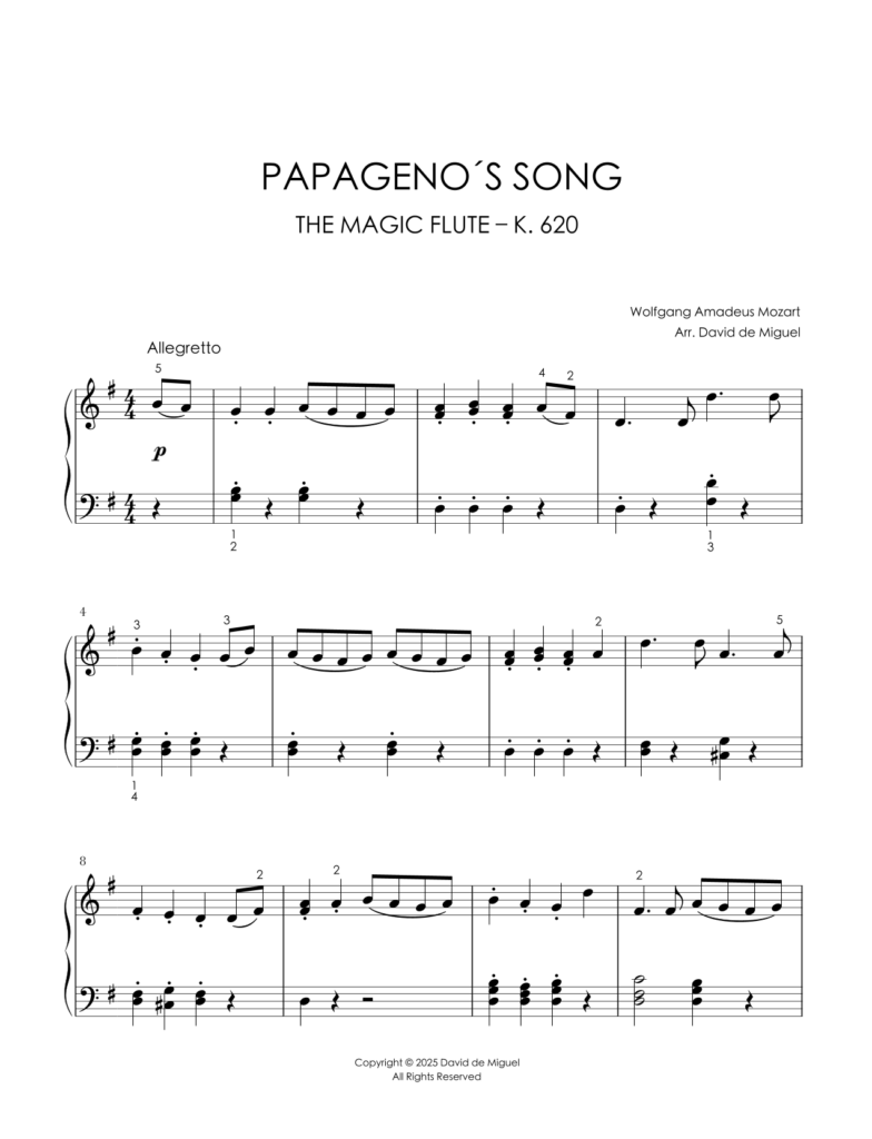 Arreglo fácil para piano de Papageno’s Song de La flauta mágica K. 620 de Mozart