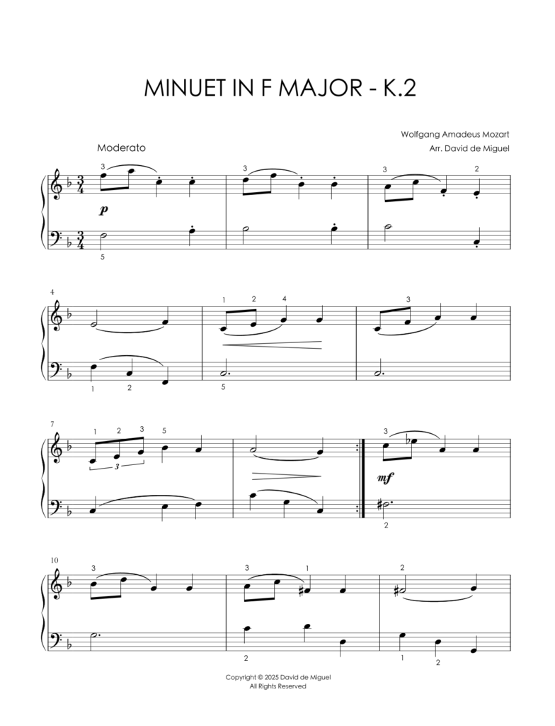 Fragmento de la partitura adaptada del Minuet in F Major K. 2 de Mozart