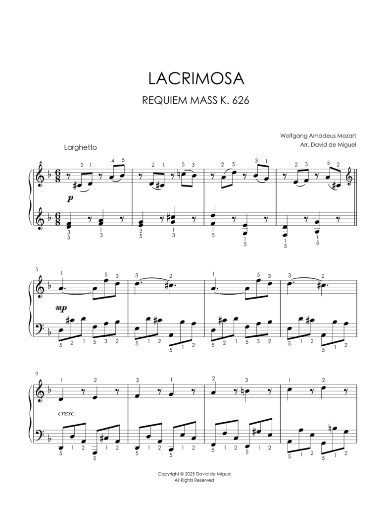 Arreglo fácil para piano de Lacrimosa del Réquiem K. 626 de Mozart