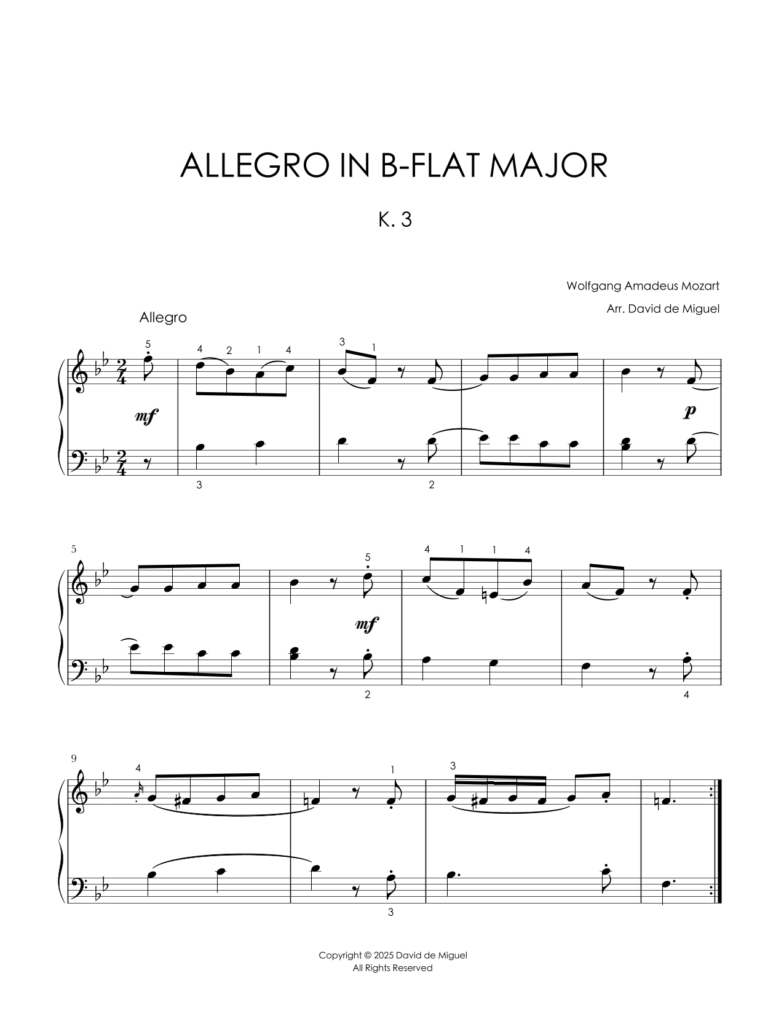 Fragmento de la partitura adaptada del Allegro in B-flat Major K. 3 de Mozart
