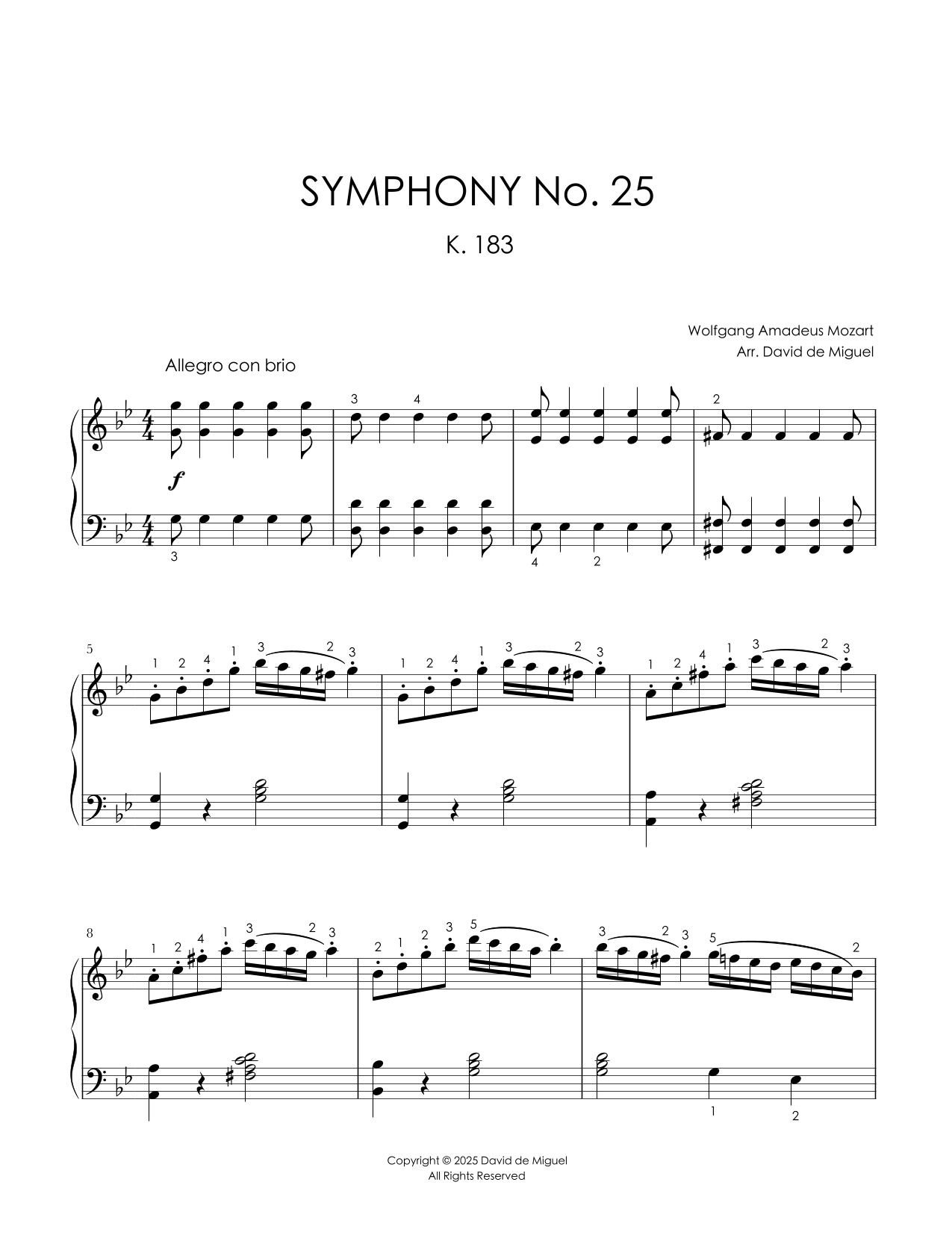 Fragmento de la partitura adaptada de la Sinfonía n.º 25 K. 183 de Mozart