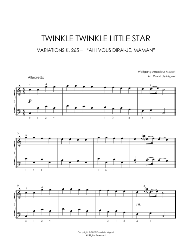 Fragmento de la partitura de las Variaciones K. 265 de Mozart para piano fácil