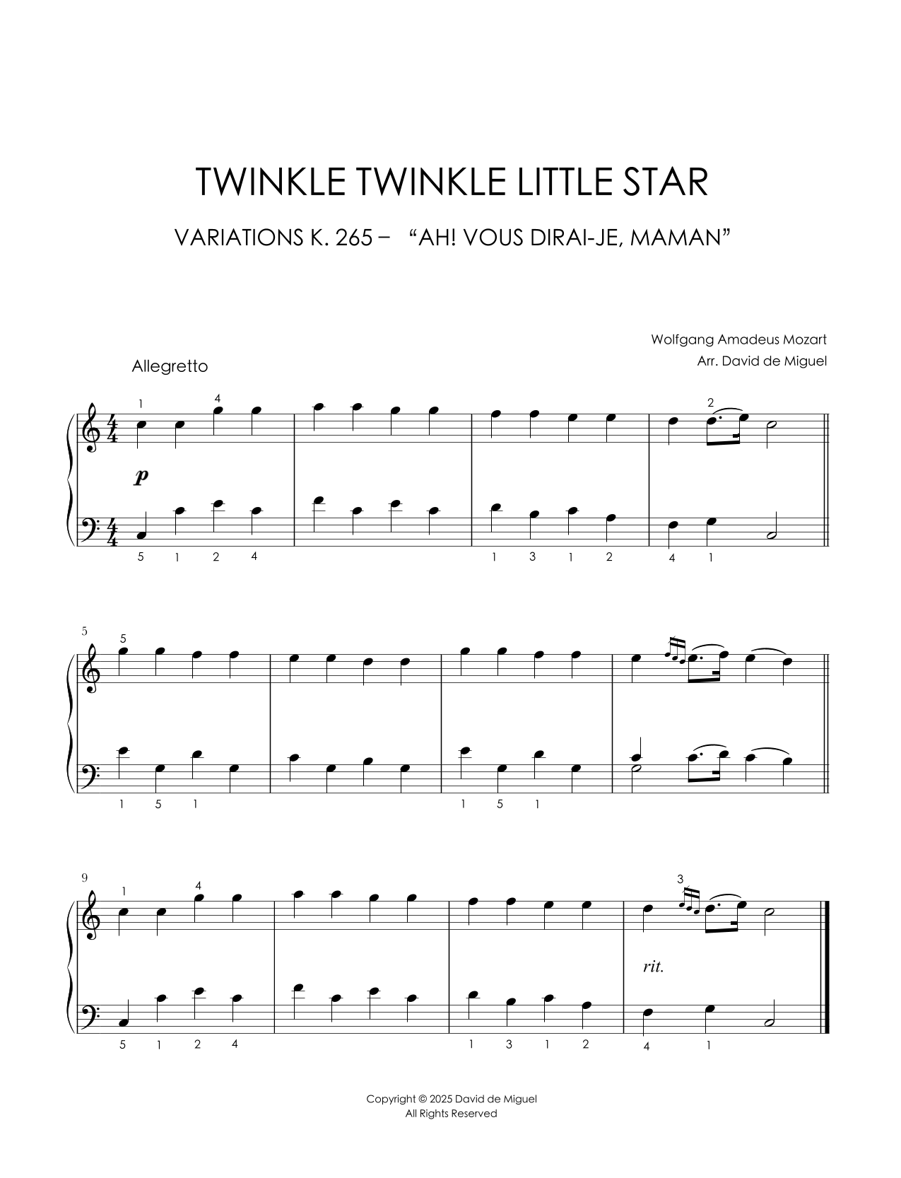 Fragmento de la partitura de las Variaciones K. 265 de Mozart para piano fácil