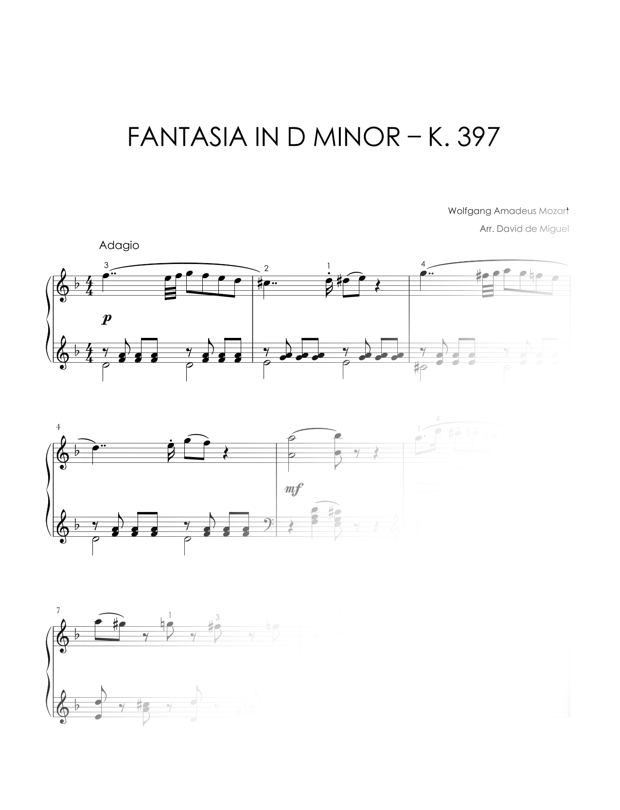 Fragmento de la partitura fácil para piano de la Fantasía en re menor K. 397 de Mozart