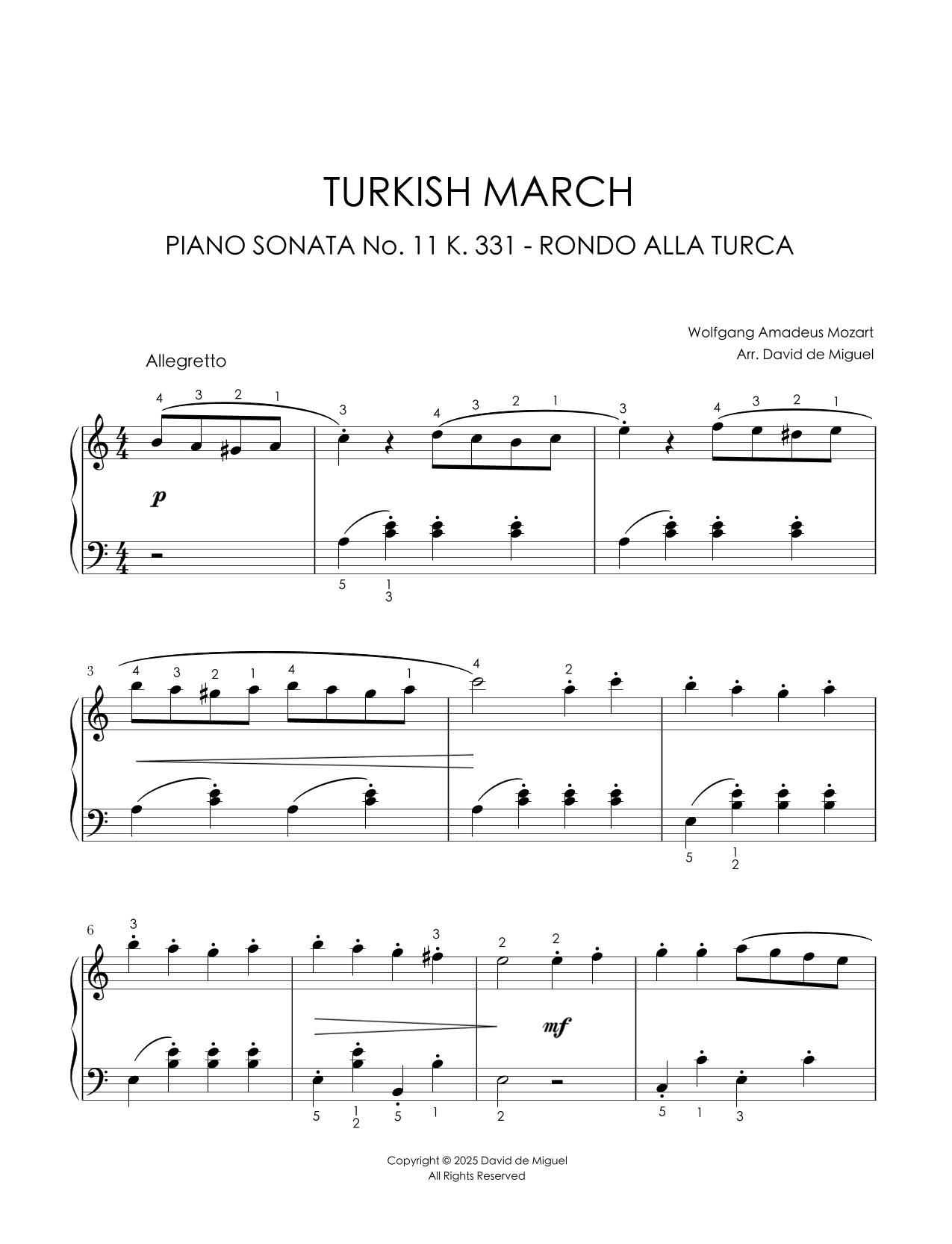 Fragmento de la partitura fácil del Rondo Alla Turca de Mozart para piano